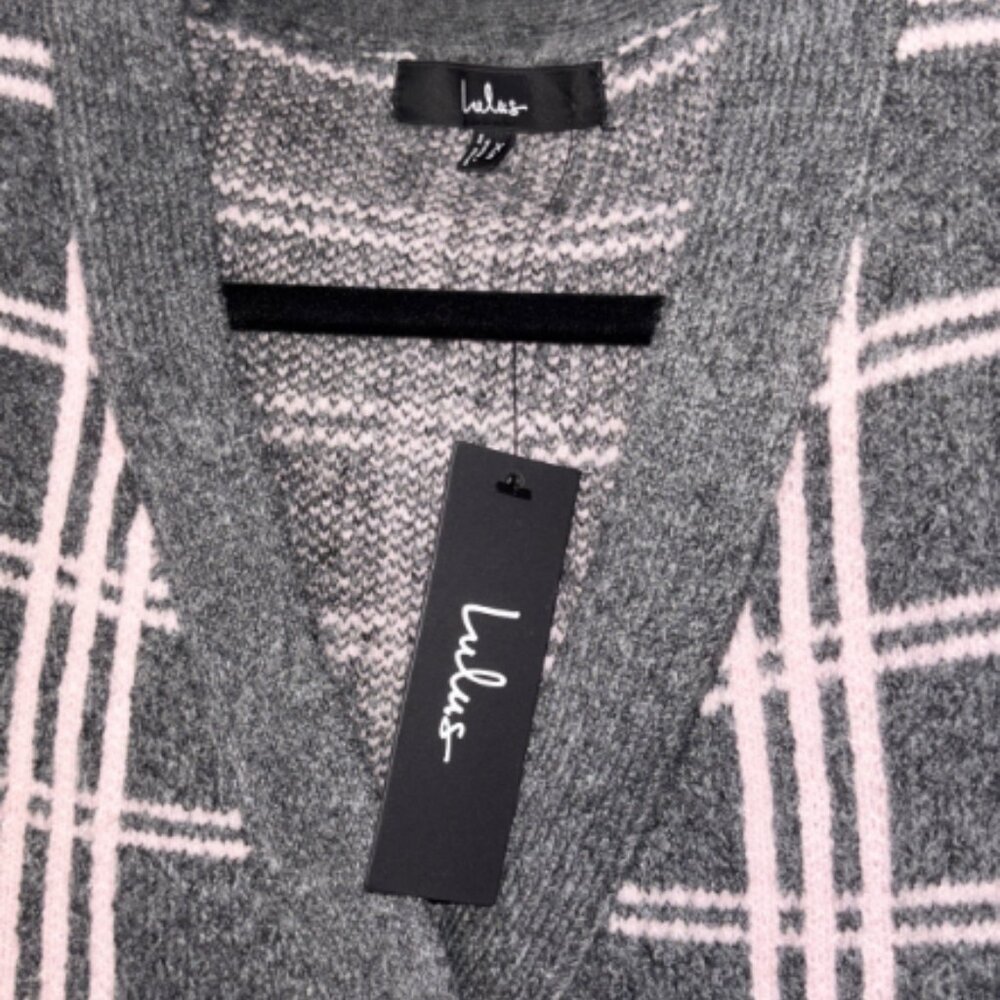 NWT • Lulus • Charcoal Grey and Pink Plaid Cardigan - Picture 6 of 10